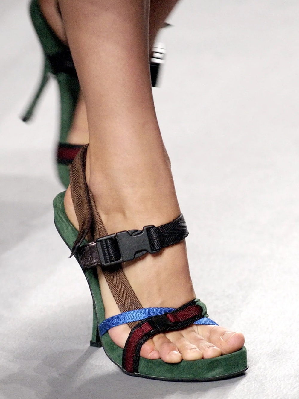 Prada SS 2004 Utility Buckle Strappy Velcro Straps Sandals Heels Green Brown y2k